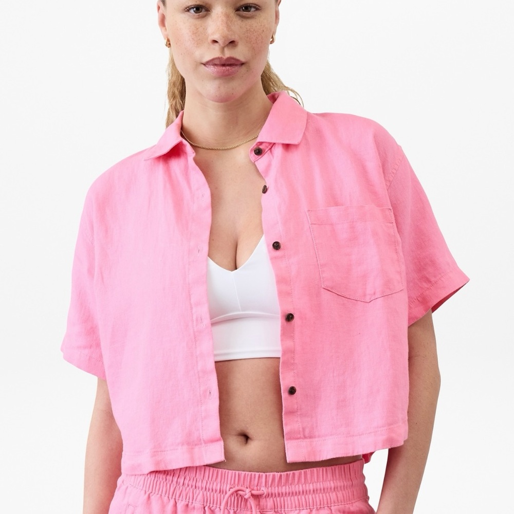 NWT Athleta Pink Retreat Linen Button Down Shirt